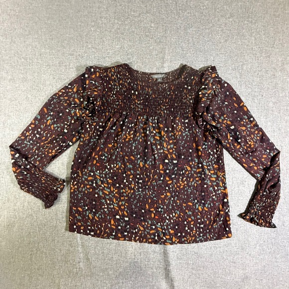 Sharagano Tops - Sharagano Smocked Blouse Womens M Burgundy Abstract Ruffle Boho Career Top